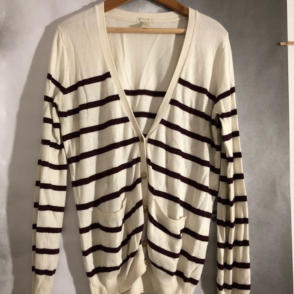 White & Burgundy Striped Button Up Cardigan